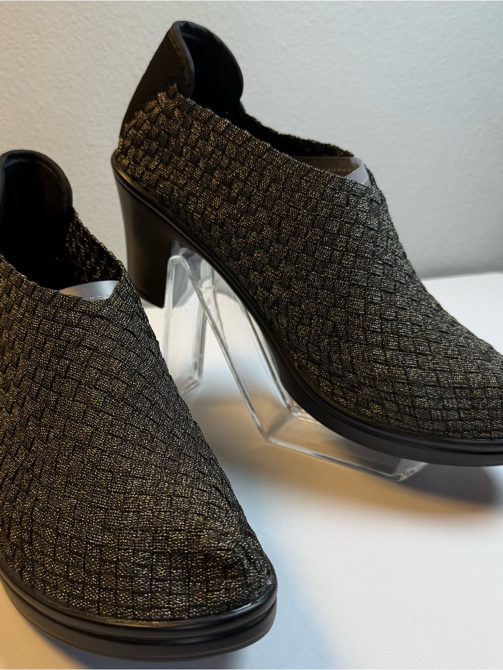 bernie mev. Black Woven Metallic Block Heel Slip-On Shoes